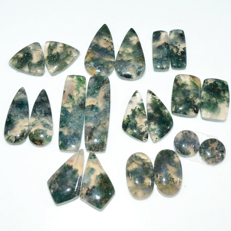 10 Pairs 159 Cts Natural Moss Agate Cabochon Gemstone Pair Lot 30×9 9x9mm #17563