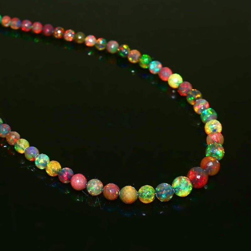 Ethiopian Welo Opal Faceted Round Bead Necklace Multi-Color Play of Fire 561