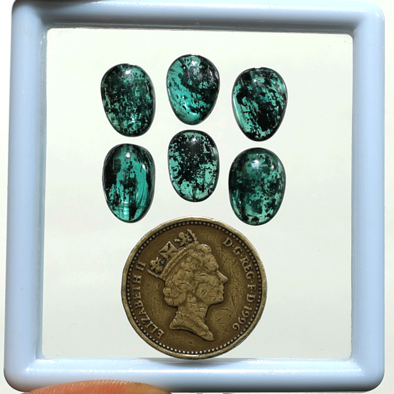 6 PC Moss Kyanite Cabochon 11mm-12mm Rare Teal Green Inky Inclusion Gems Parcel