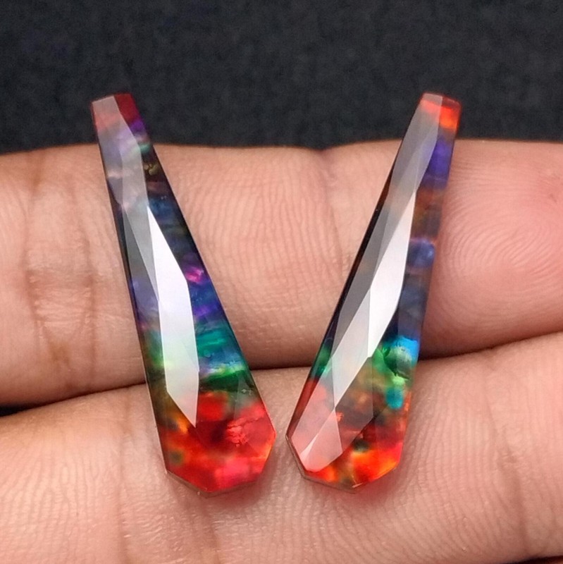 Ammolite Stone Doublet Coffin Checker Cut Pair Loose Gemstone 8 x 30 MM gallery