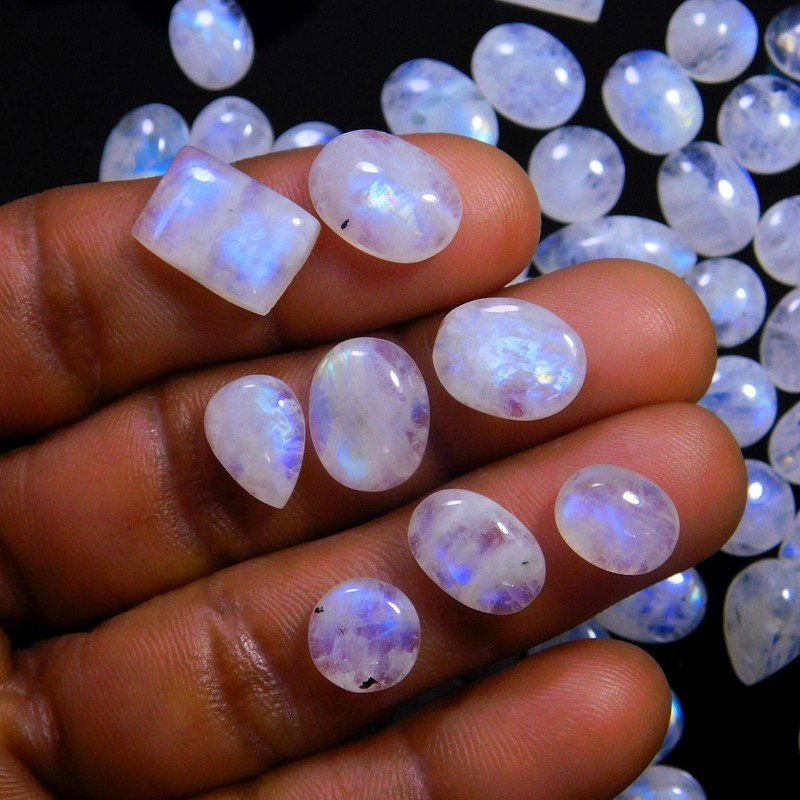 70Pcs 214Cts Natural Rainbow Moonstone Gemstone Cabochon Lot 7x9-7x16mm#14016 gallery