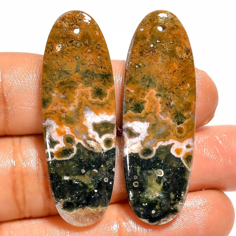 Natural Ocean Jasper Oval Cabochon Drilled Gemstone Pair 47 Ct 41X14X4 mm DE-589