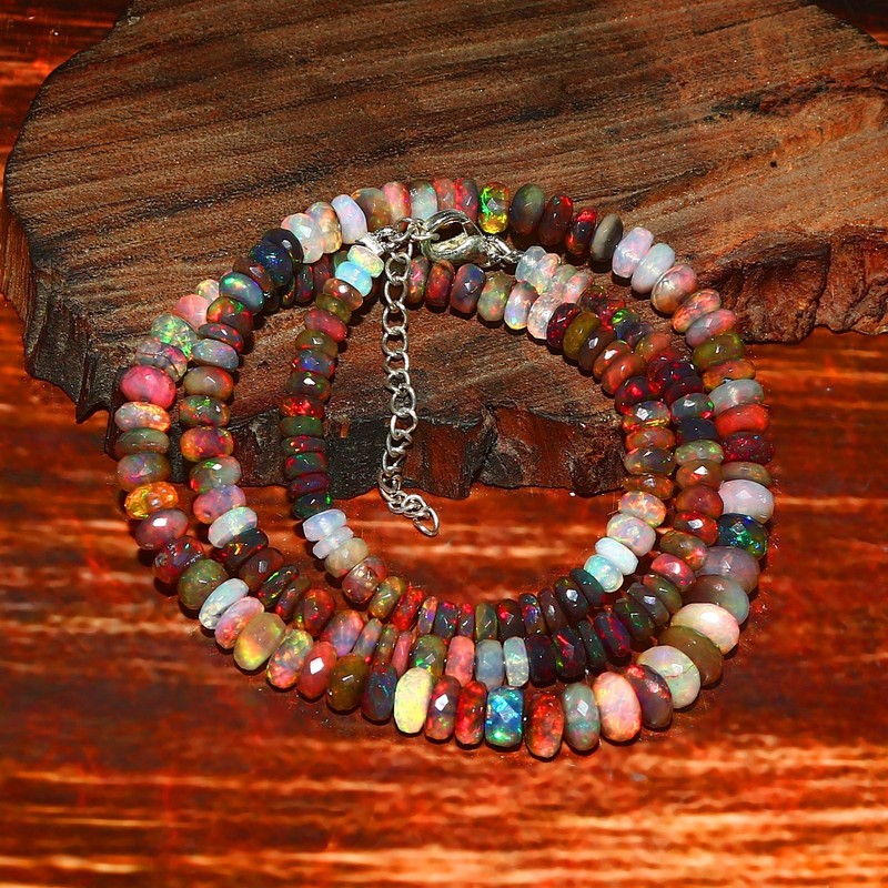 Natural Ethiopian Fire Opal Necklace Multi Color Faceted Roundel Beads 70cm 40