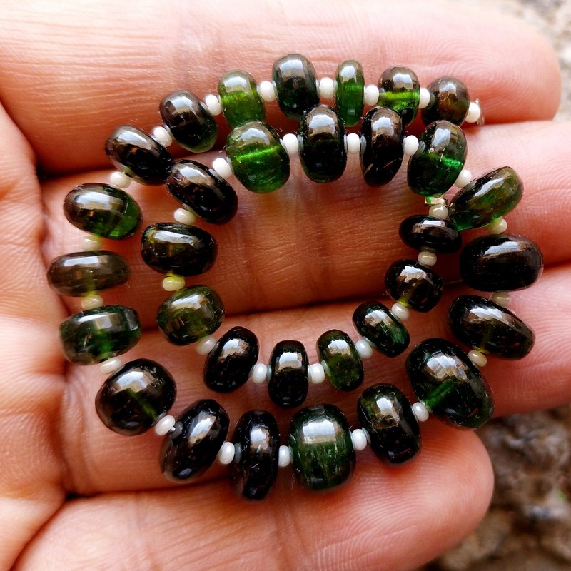98 Carat 6.5 to 11 MM Natural Deep Green Tourmaline Rondelle Shape 8 inch Beads