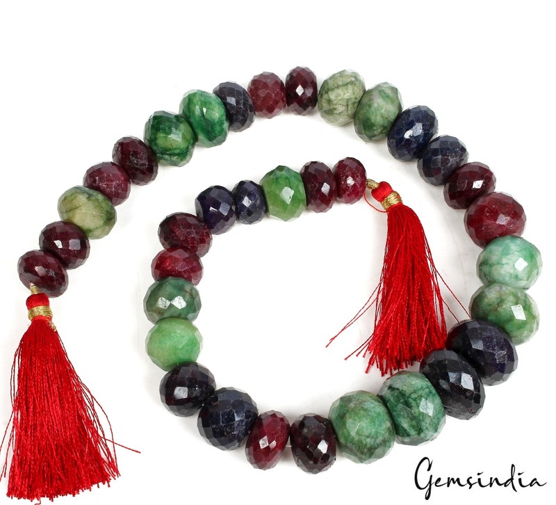 860Ct Natural Ruby Sapphire Emerald Round Checker Cut Loose Beads Strand~14 Inch