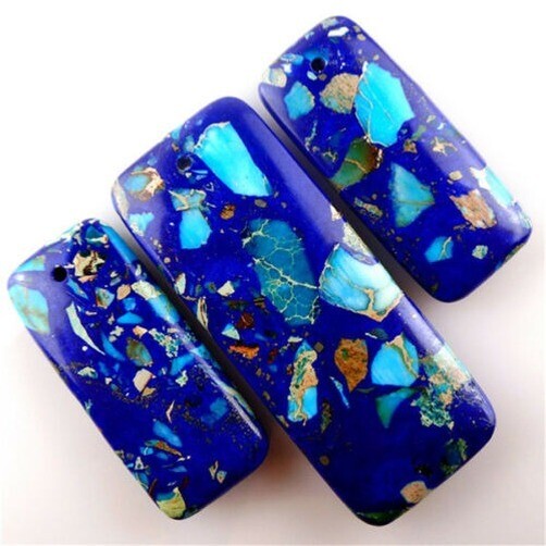 3pcs Artificial Blue Sea Sediment Jasper &Turquoise Oblong Pendant 48X18X6mm