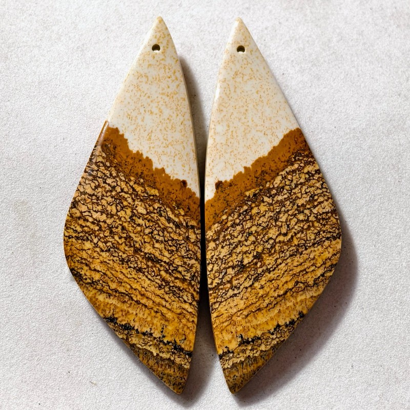 65 Cts Natural Picture Jasper Drilled Pair Cabochon Gemstone 53.7 X 19.4 MM