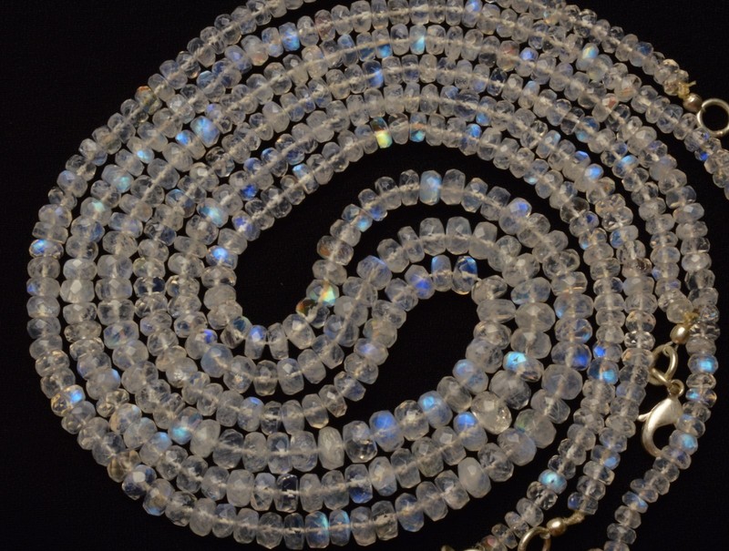 NATURAL BLUE FIRE WHITE MOONSTONE FACET 4-6MM RONDELLE BEADS 90CTS 18″ NECKLACE