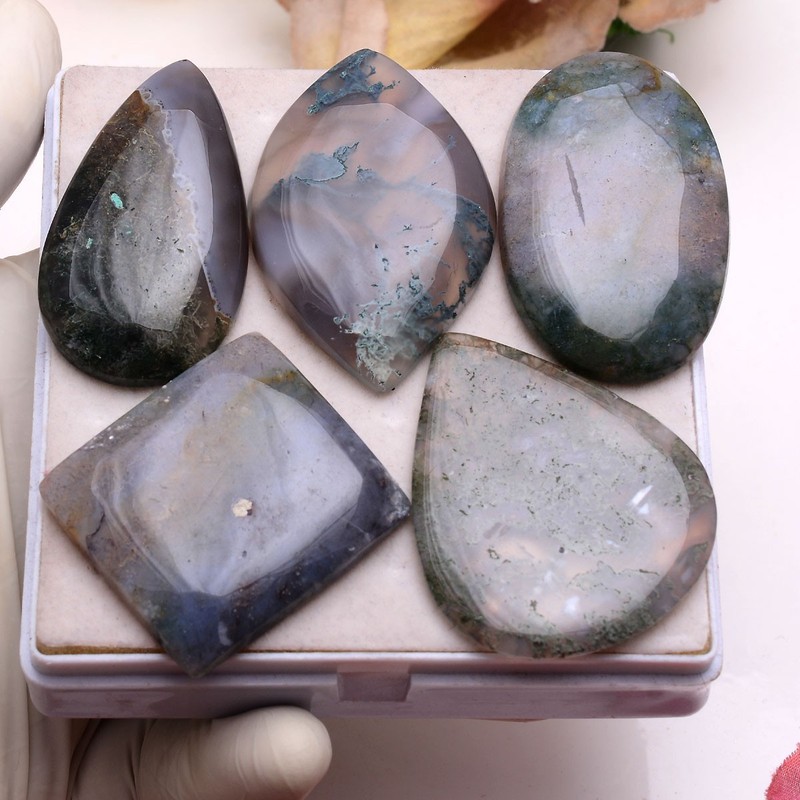 Set Of 5 Pcs Natural Moss Agate 37mm-52mm Cabochon Untreated Loose Gemstones Lot