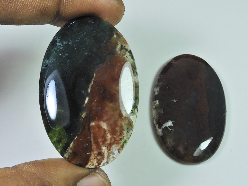 47-49MM Natural Green Moss Agate 2Pcs Oval Cabochon Loose Gemstone 128Cts.