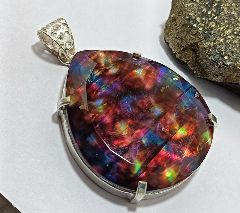 94.10 Ct Natural Ammolite 925 Solid Silver Rainbow PENDANT Certified Gemstone gallery
