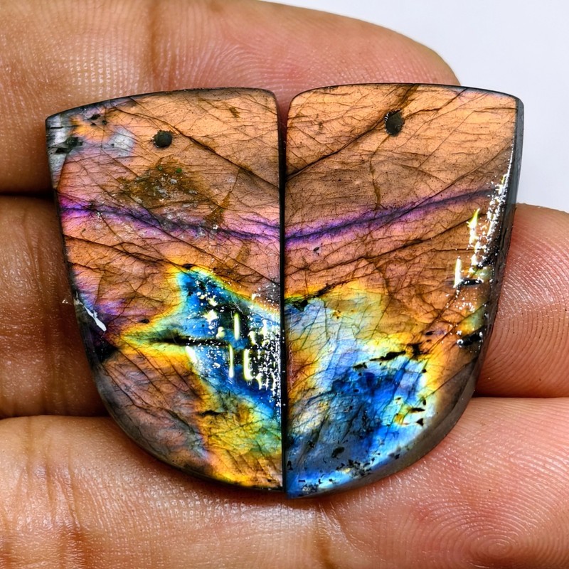 51 Cts Natural Labradorite Drilled Match Pair Cabochon Gemstone 34.5X18 MM