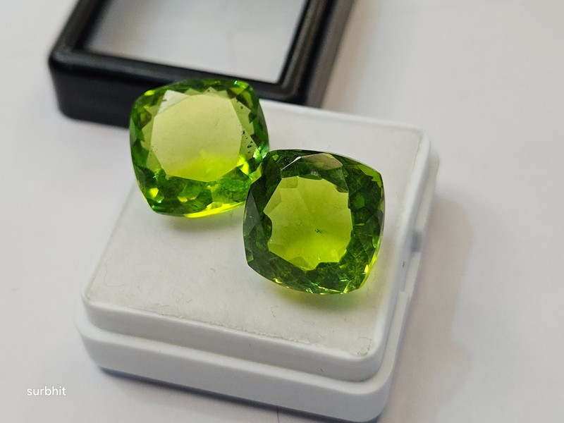 Pair Olive Green Peridot Cushion Cut 17+Ct Natural Certified Loose Gemstone VVS