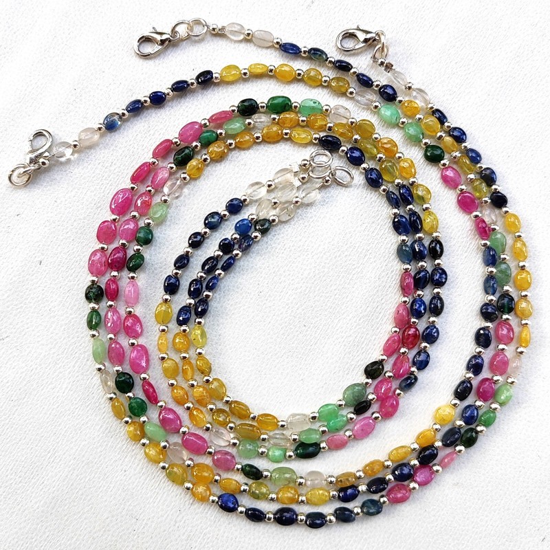 Natural Emerald Ruby Sapphire Gems 5 to 6 mm Size Nugget Beads 20″ Necklace