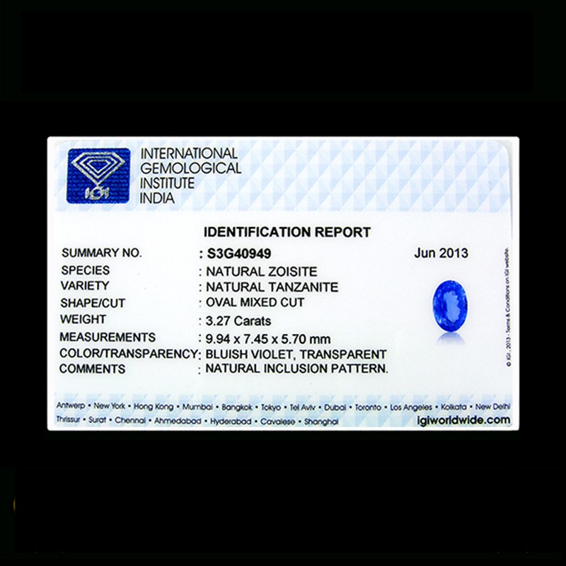 3.27 Ct IGI Certified A+ Natural D Block Tanzanite Oval Cut Bluish Violet gallery