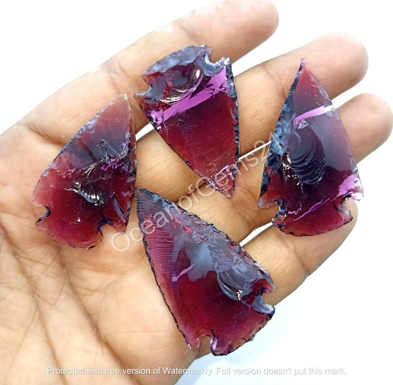 Manmade Purple Amethyst Arrowhead Carved, 4 Piece, Loose Gemstone Cabochon Lot
