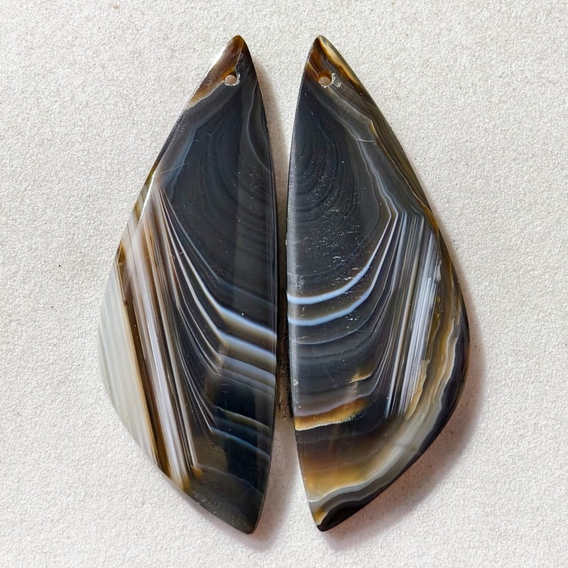 28 Cts Natural Black Banded Agate Drilled Pair Cabochon Gemstone 43.1X15.5 MM