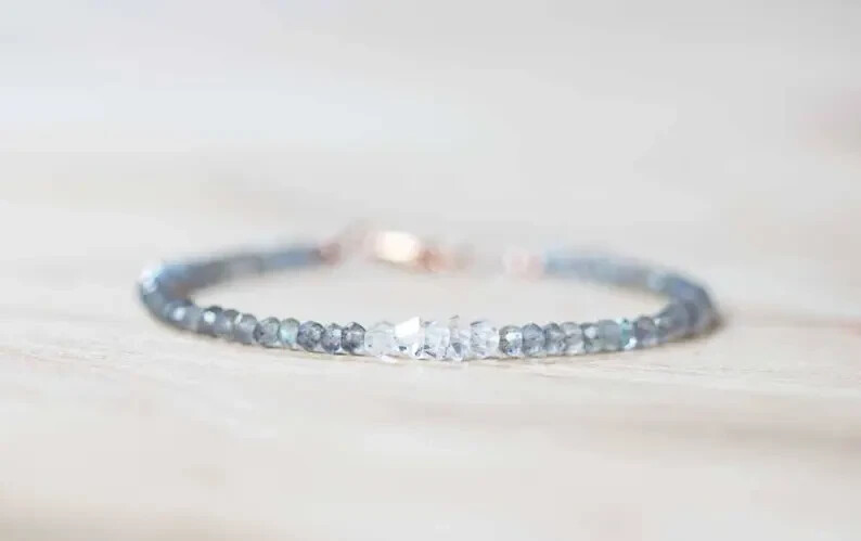 Labradorite & Herkimer Diamond Bracelet, Delicate Quartz Crystal Jewelry, Beads gallery