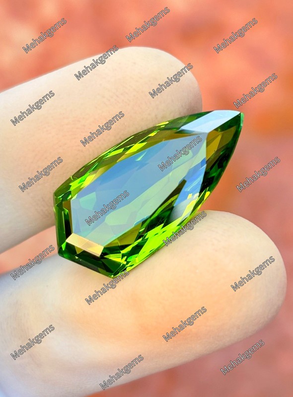 22.Ct Green Peridot Shield Shape Gemstone, Custom Faceted Olive Peridot
