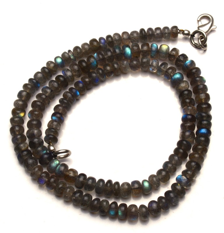 Natural Gem Blue Fire Labradorite 5 to 6MM Smooth Rondelle Beads Necklace 17″