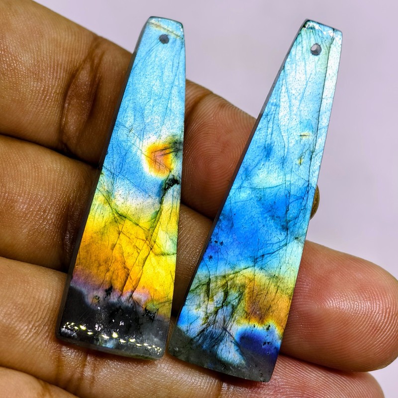 65 Cts Natural Labradorite Drilled Match Pair Cabochon Gemstone 50.9X15.5 MM gallery